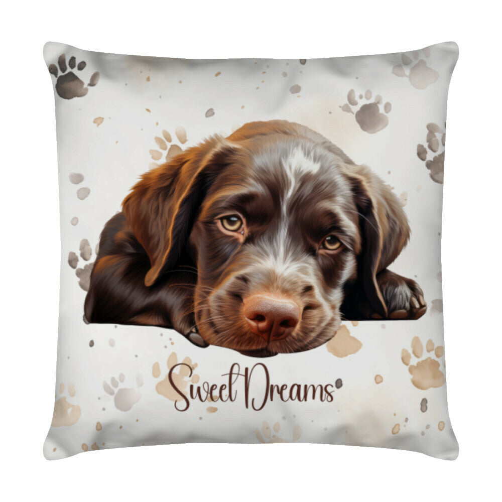 Kissen "Deutsch Langhaar- Sweet Puppy Dreams" Weiß – hunde-shirt.de