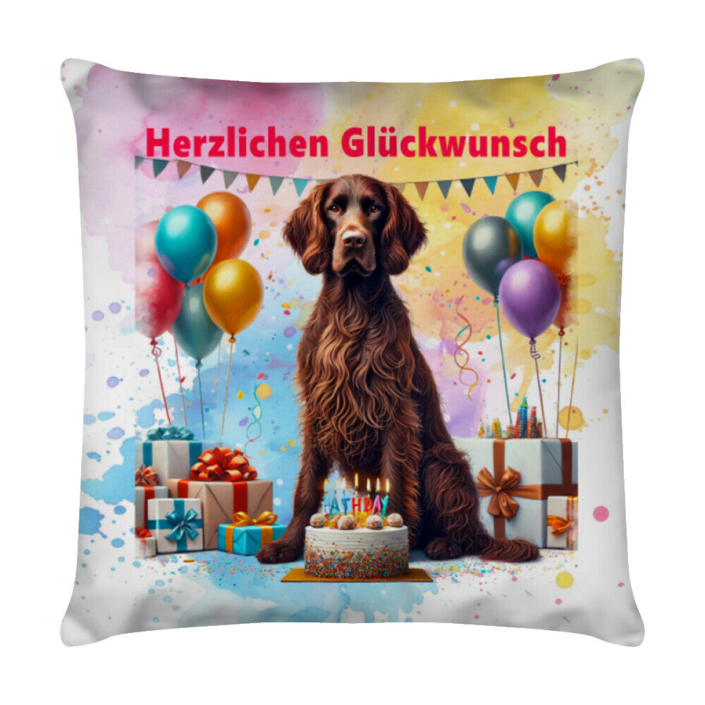 Kissen "Deutsch Langhaar- Herzlichen Glückwunsch" Weiß – hunde-shirt.de