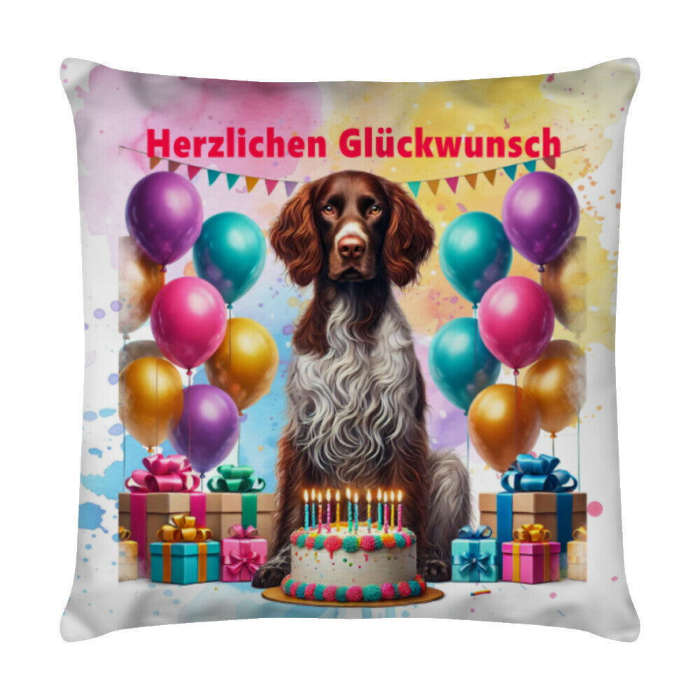 Kissen "Deutsch Langhaar- Herzlichen Glückwunsch II" Weiß – hunde-shirt.de