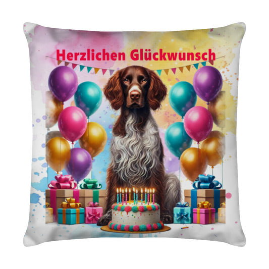 Kissen "Deutsch Langhaar- Herzlichen Glückwunsch II" Weiß – hunde-shirt.de