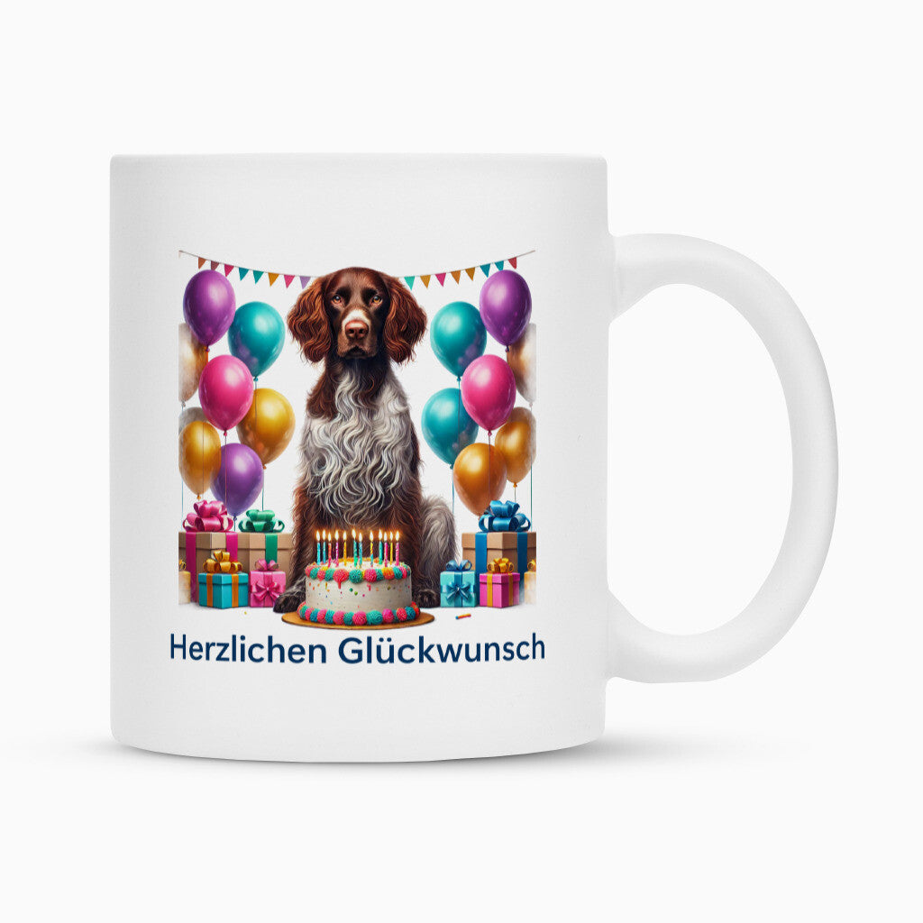 Tasse "Deutsch Langhaar- Herzlichen Glückwunsch II" Weiß – hunde-shirt.de