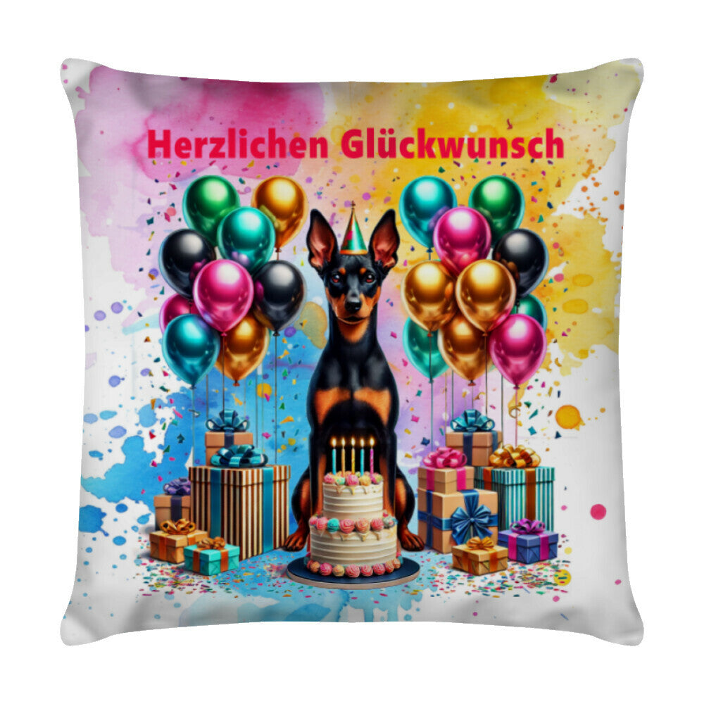Kissen "Deutscher Pinscher - Glückwunsch" Weiß – hunde-shirt.de