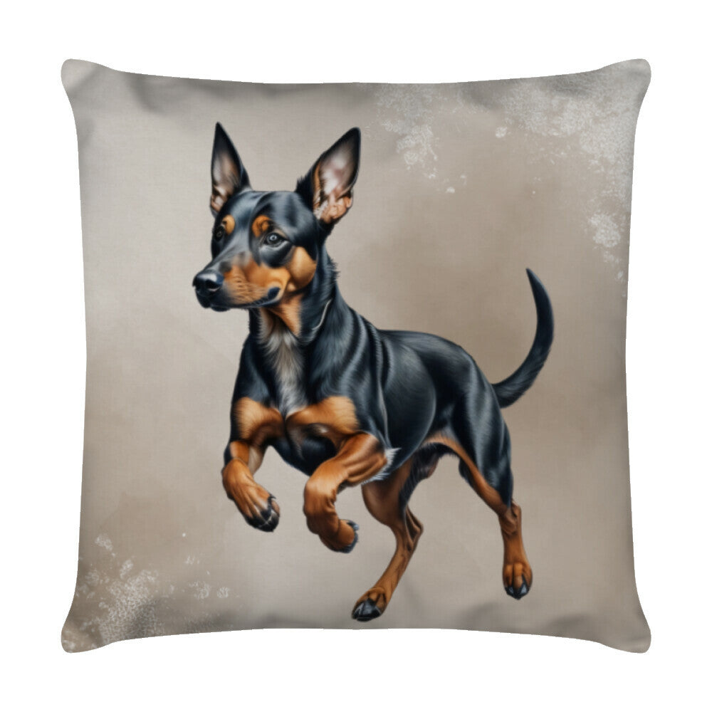 Kissen "Deutscher Pinscher - Jump" Weiß – hunde-shirt.de