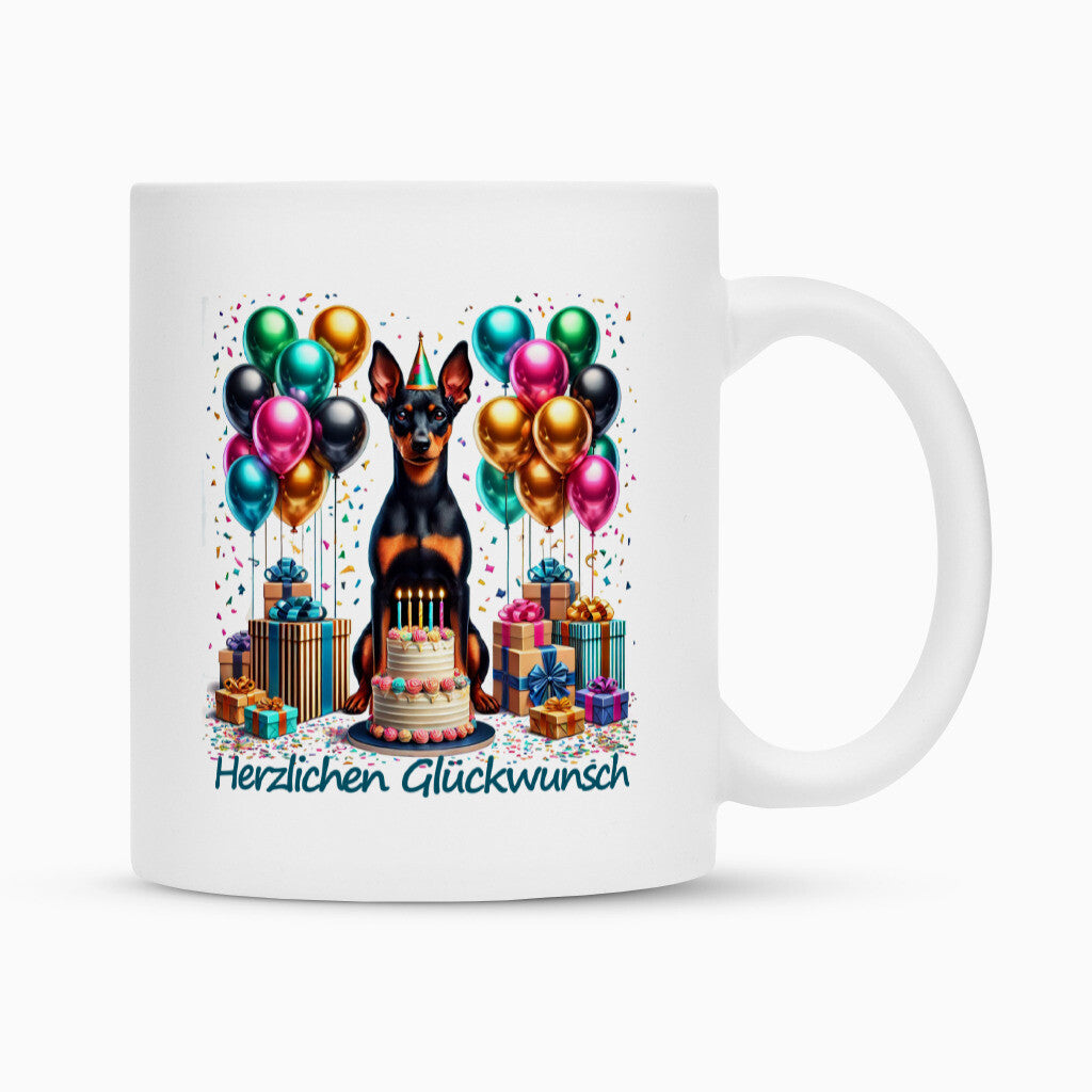 Tasse "Deutscher Pinscher - Glückwunsch" Weiß – hunde-shirt.de