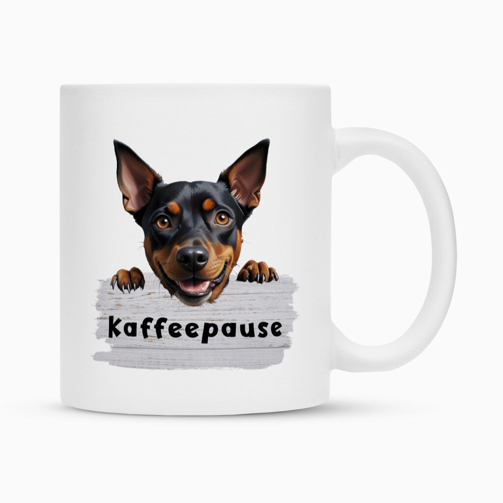 Tasse "Deutscher Pinscher - Kaffeepause" Weiß – hunde-shirt.de