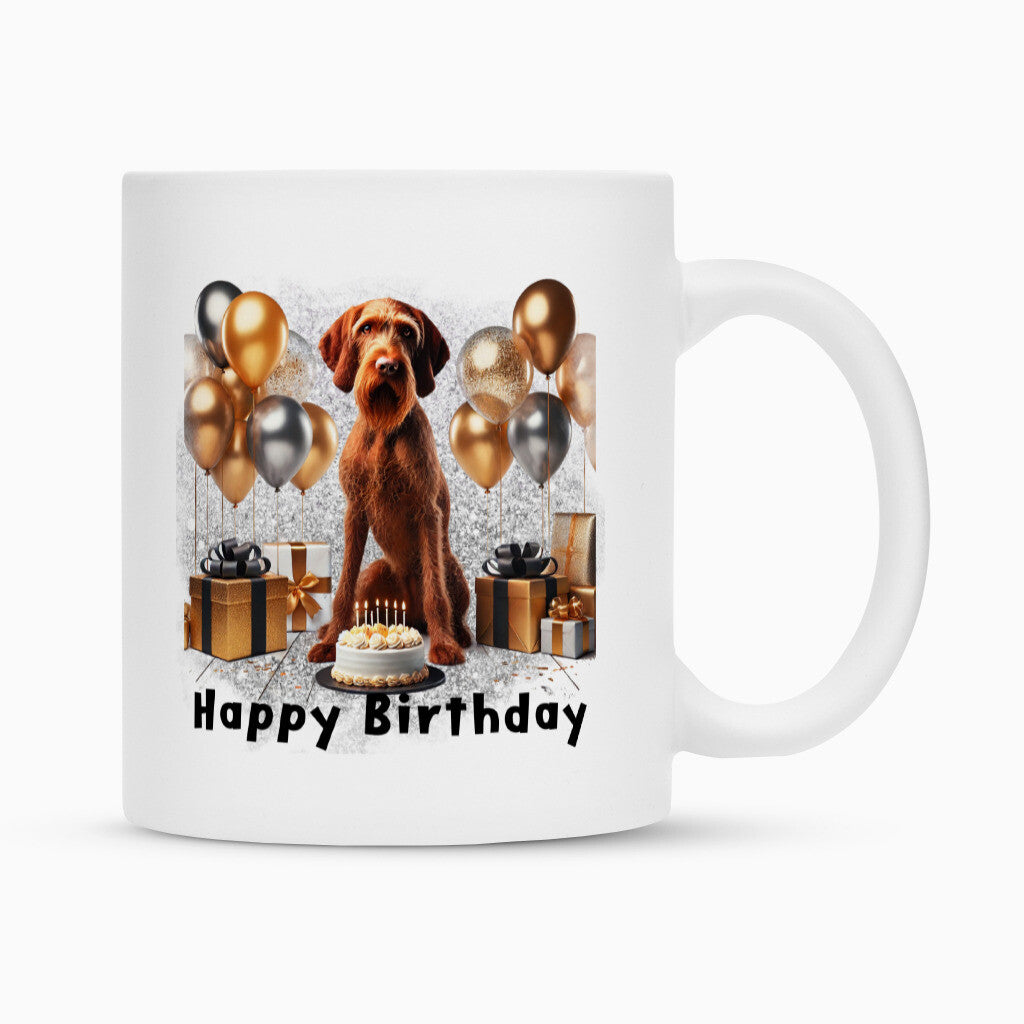 Tasse "Drahthaar Vizsla - Happy Birthday" Weiß – hunde-shirt.de