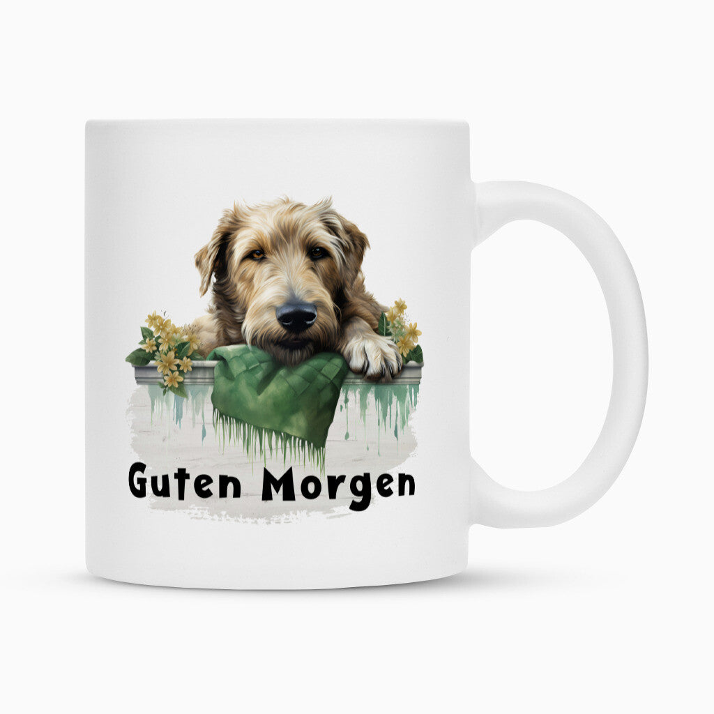 Tasse "Irischer Wolfshund - Guten Morgen" Weiß – hunde-shirt.de