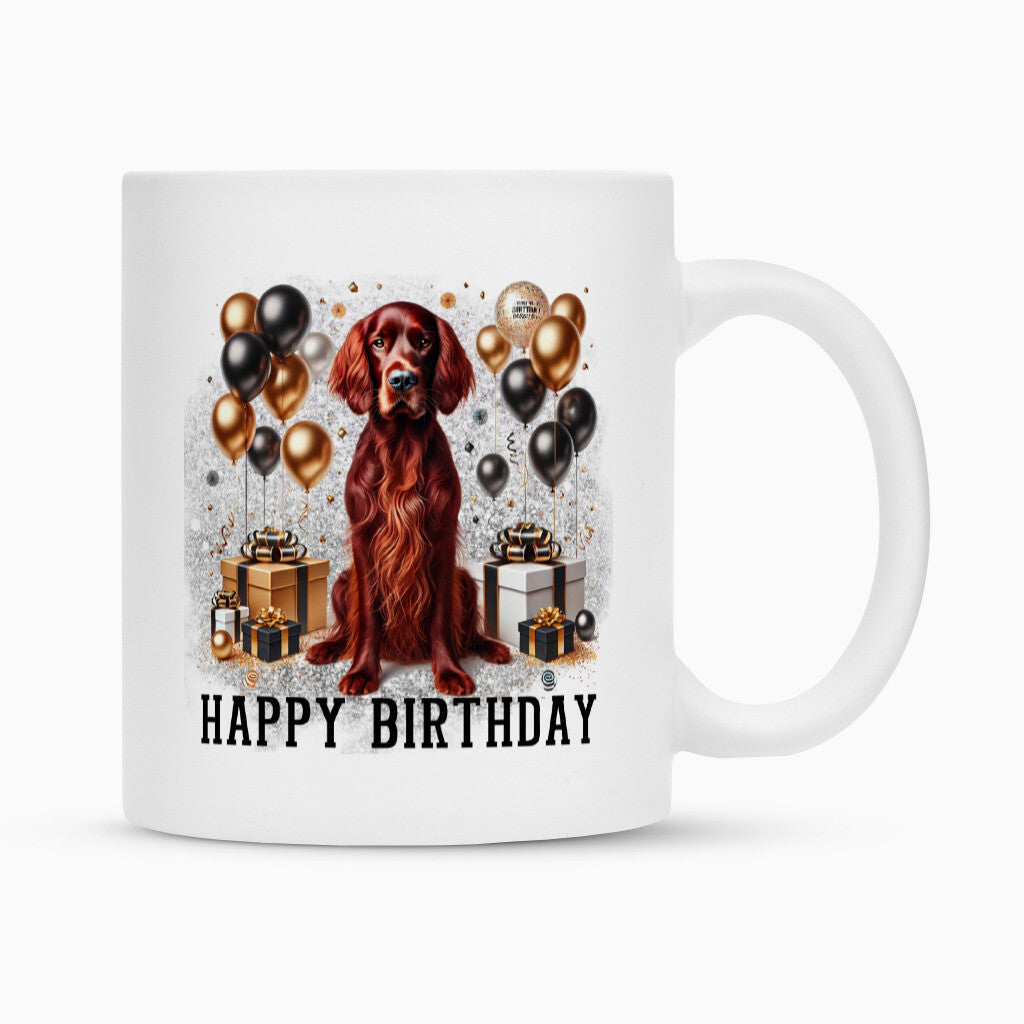 Tasse "Irish Setter - Happy Birthday" Weiß – hunde-shirt.de