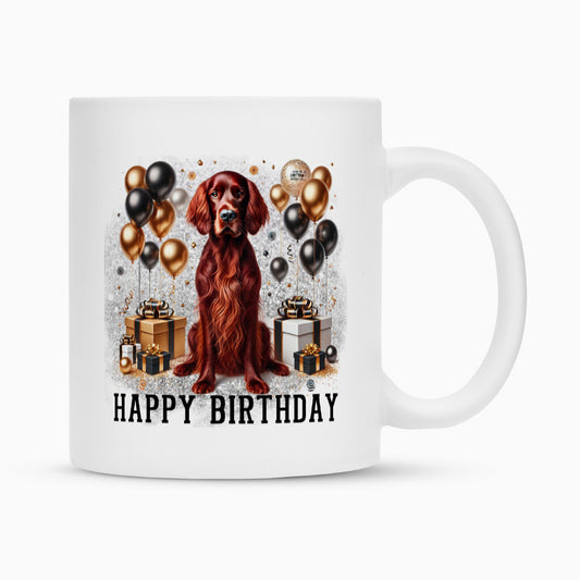 Tasse "Irish Setter - Happy Birthday" Weiß – hunde-shirt.de