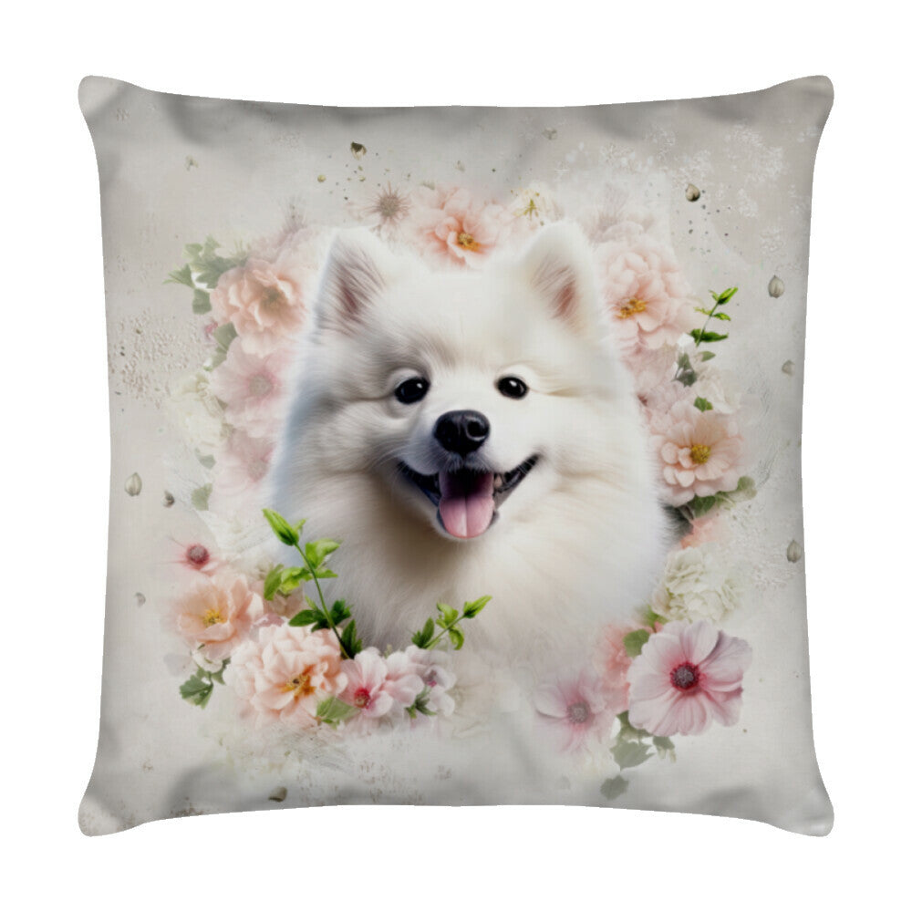 Kissen "Japan Spitz - Blumen" Weiß – hunde-shirt.de