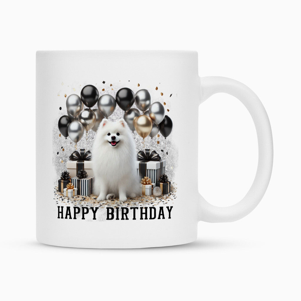 Tasse "Japan Spitz - Happy Birthday" Weiß – hunde-shirt.de