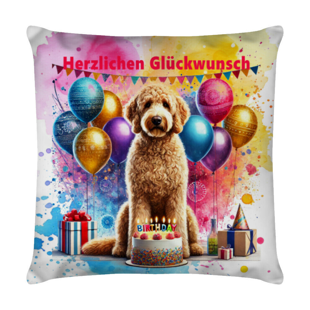 Kissen "Labradoodle - Herzlichen Glückwunsch" Weiß – hunde-shirt.de