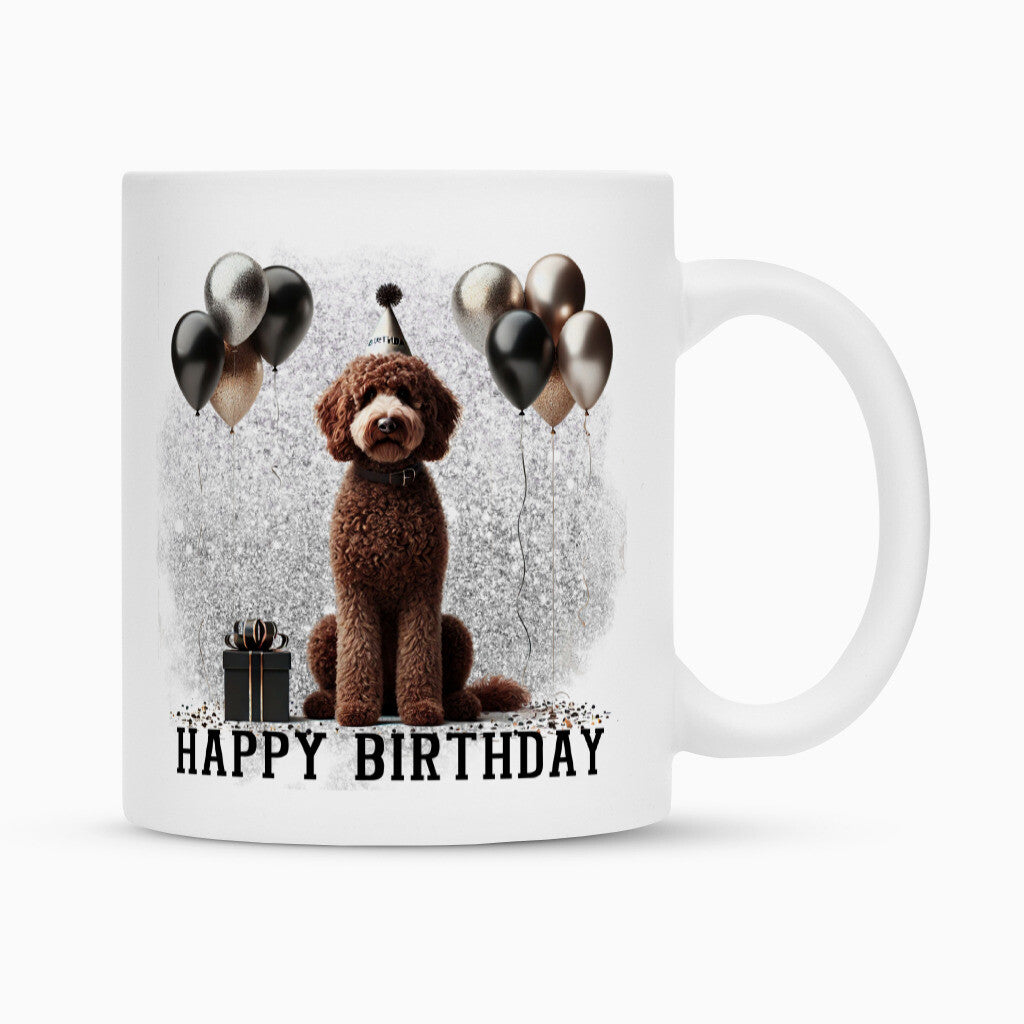 Tasse "Labradoodle braun - Happy Birthday" Weiß – hunde-shirt.de