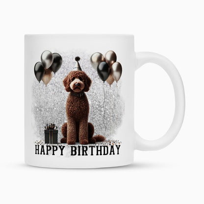 Tasse "Labradoodle braun - Happy Birthday" Weiß – hunde-shirt.de