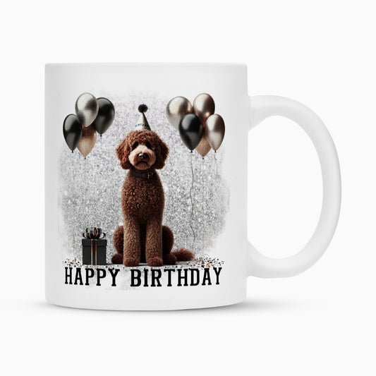 Tasse "Labradoodle braun - Happy Birthday" Weiß – hunde-shirt.de