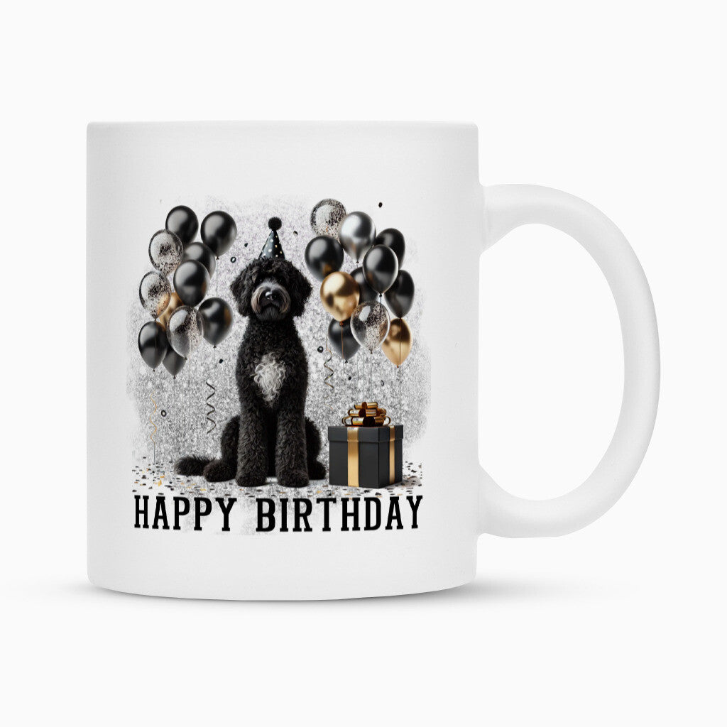 Tasse "Labradoodle schwarz - Happy Birthday" Weiß – hunde-shirt.de