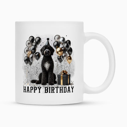 Tasse "Labradoodle schwarz - Happy Birthday" Weiß – hunde-shirt.de