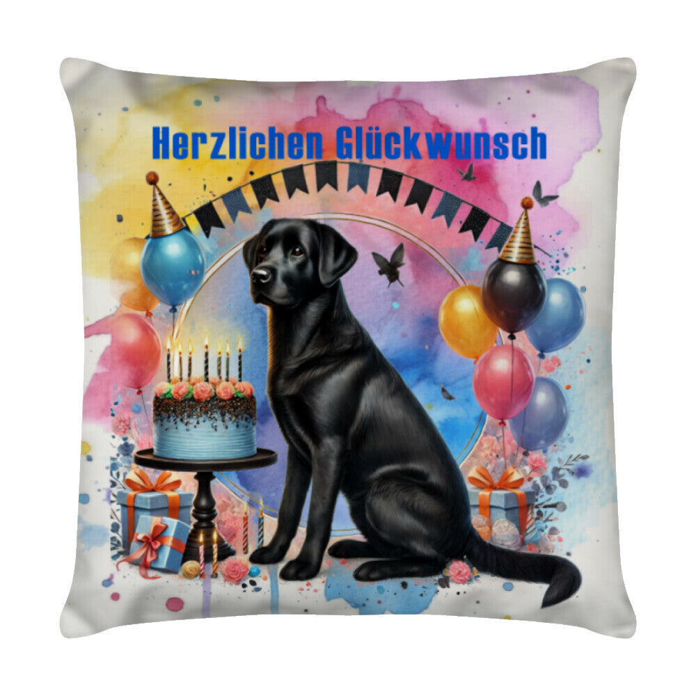 Kissen "Labrador schwarz - Herzlichen Glückwunsch" Weiß – hunde-shirt.de