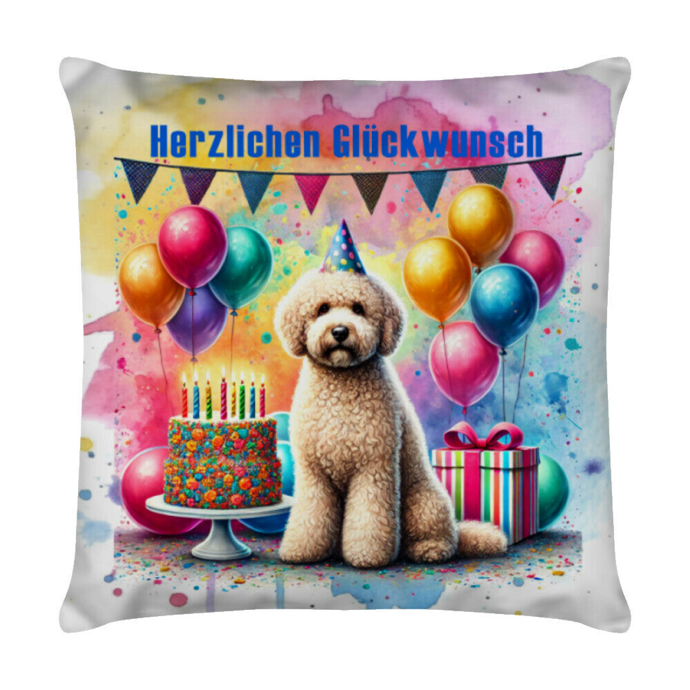 Kissen "Lagotto hell - Herzlichen Glückwunsch" Weiß – hunde-shirt.de