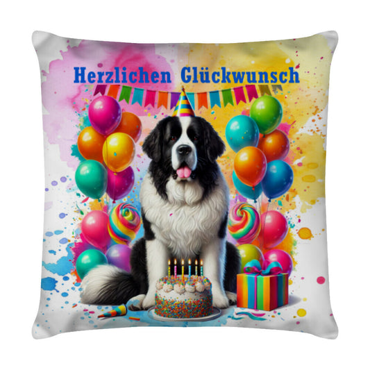 Kissen "Landseer - Herzlichen Glückwunsch" Weiß – hunde-shirt.de