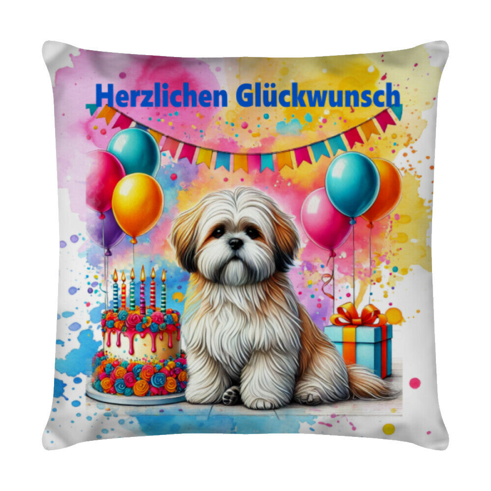Kissen "Lhasa Apso - Herzlichen Glückwunsch" Weiß – hunde-shirt.de