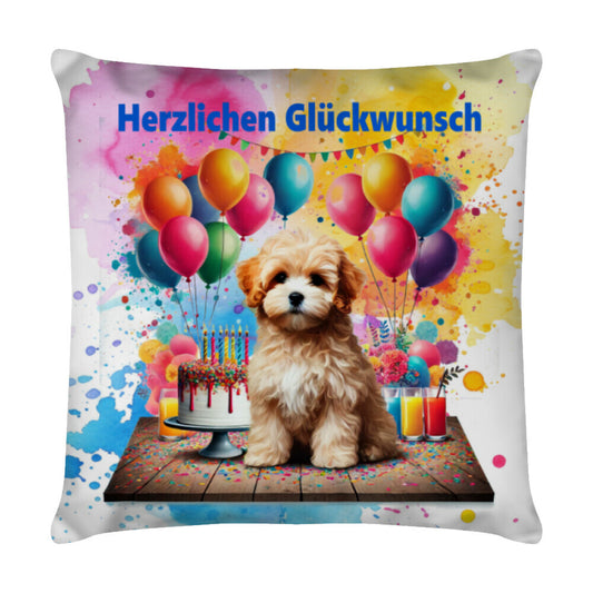 Kissen "Maltipoo - Herzlichen Glückwunsch II" Weiß – hunde-shirt.de