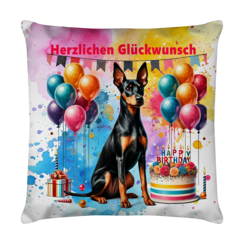 Kissen "Manchester Terrier - Glückwunsch" Weiß – hunde-shirt.de