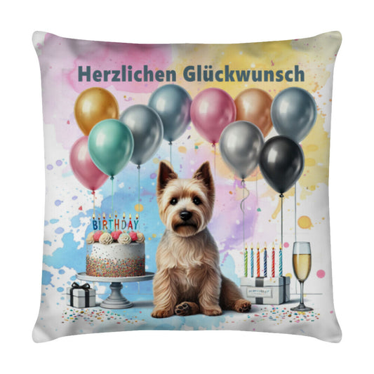 Kissen "Norwich Terrier - Glückwunsch" Weiß – hunde-shirt.de