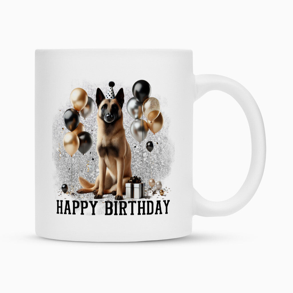 Tasse "Malinois - Happy Birthday II" Weiß – hunde-shirt.de