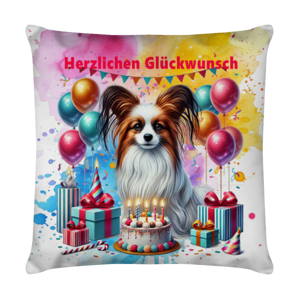 Kissen "Papillon - Herzlichen Glückwunsch" Weiß – hunde-shirt.de