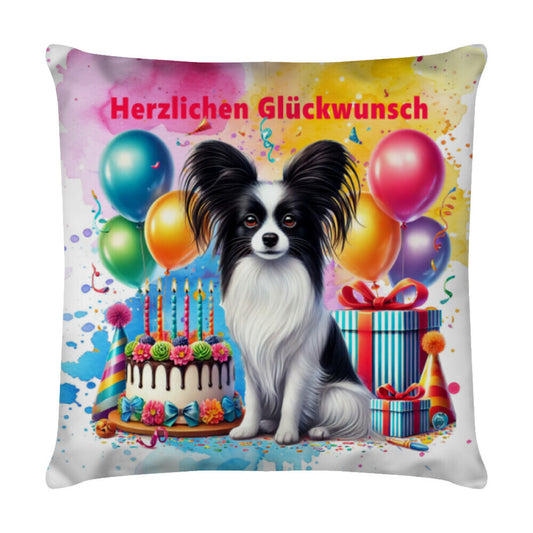 Kissen "Papillon - Herzlichen Glückwunsch II" Weiß – hunde-shirt.de