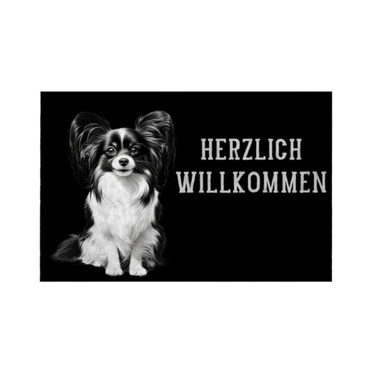 Fußmatte "Papillon - Herzlich Willkommen" Weiß – hunde-shirt.de