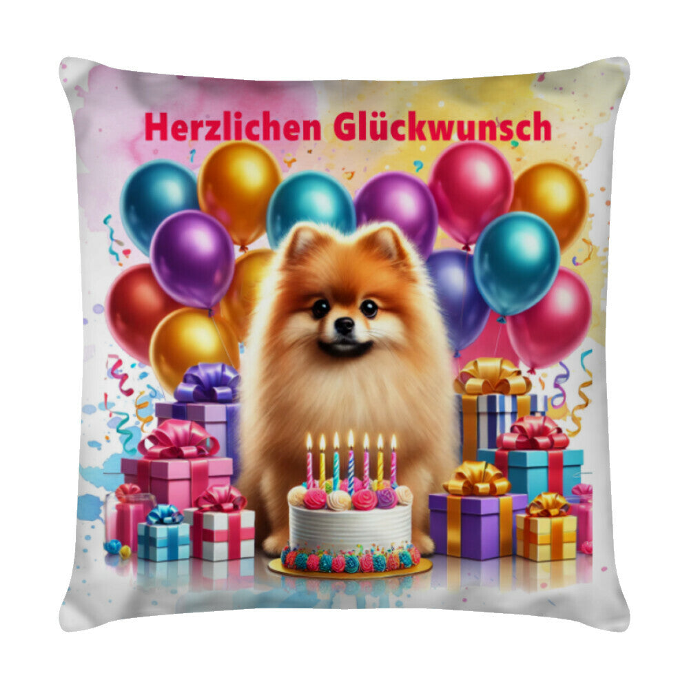 Kissen "Pomeranian - Glückwunsch" Weiß – hunde-shirt.de