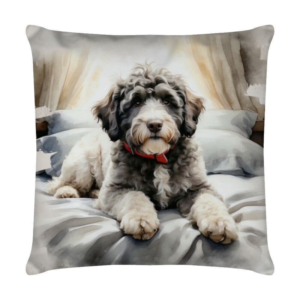 Kissen "Portugiesischer Wasserhund - Relax" Weiß – hunde-shirt.de