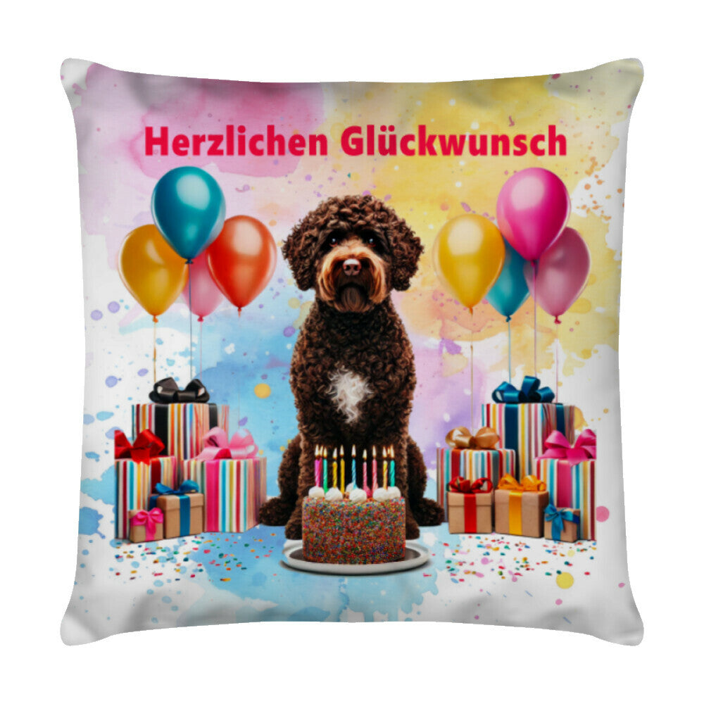 Kissen "Portugiesischer Wasserhund - Glückwunsch" Weiß – hunde-shirt.de