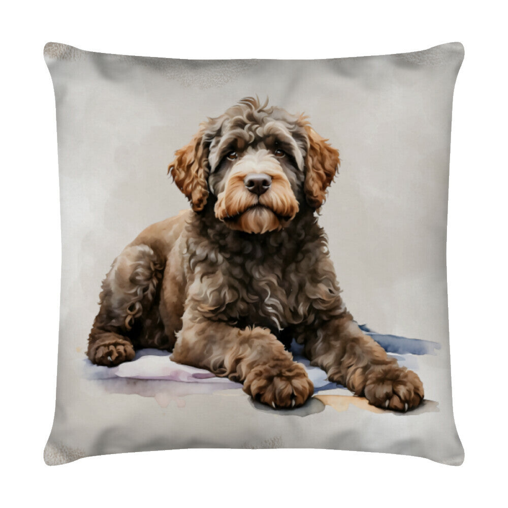 Kissen "Portugiesischer Wasserhund - Warten" Weiß – hunde-shirt.de