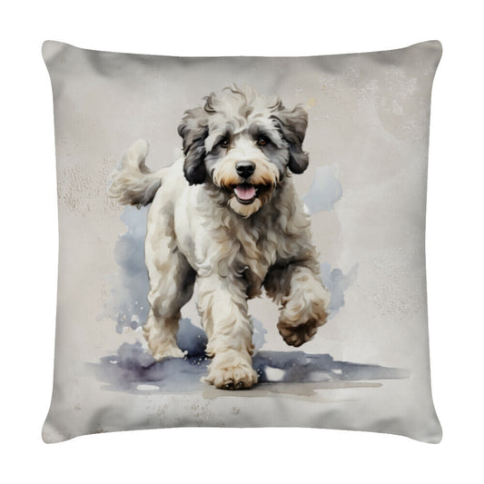 Kissen "Portugiesischer Wasserhund - Gassi" Weiß – hunde-shirt.de