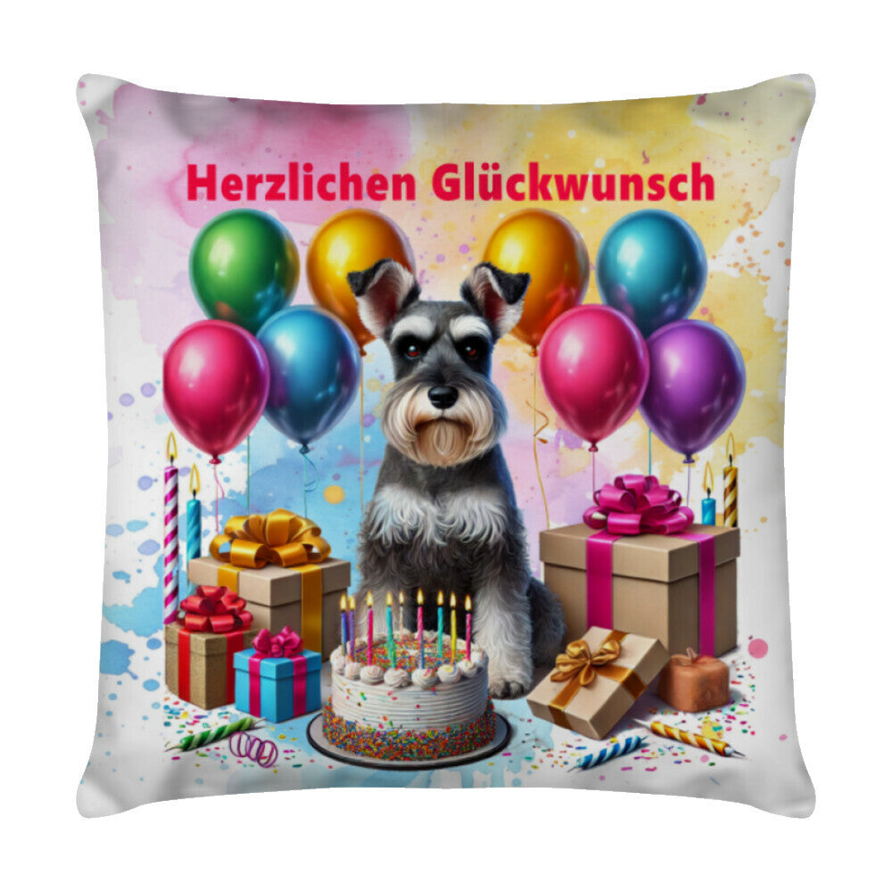 Kissen "Schnauzer - Herzlichen Glückwunsch" Weiß – hunde-shirt.de