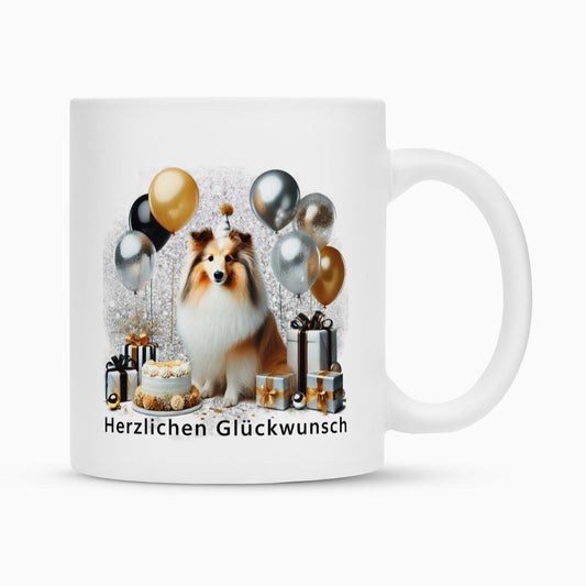 Tasse "Sheltie - Herzlichen Glückwunsch" Weiß – hunde-shirt.de