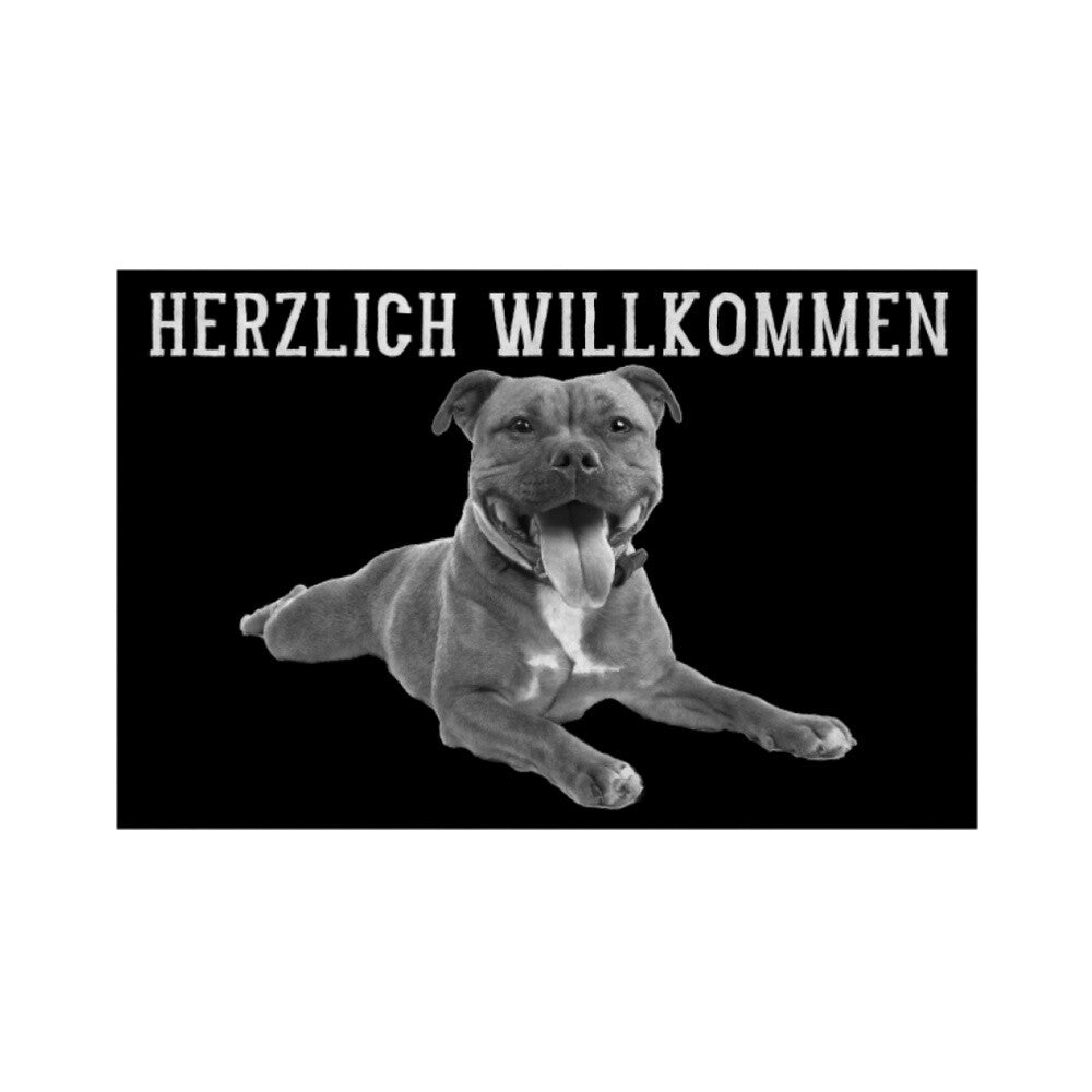 Fußmatte "Staffordshire - HERZLICH WILLKOMMEN" Weiß – hunde-shirt.de
