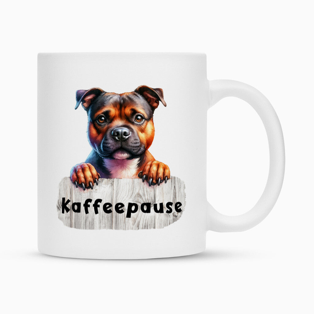 Tasse "Staffordshire - Kaffeepause" Weiß – hunde-shirt.de