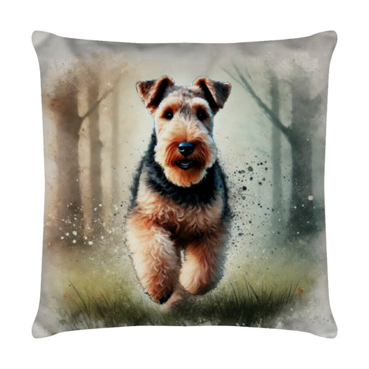 Kissen "Welsh Terrier - Waldlauf" Weiß – hunde-shirt.de