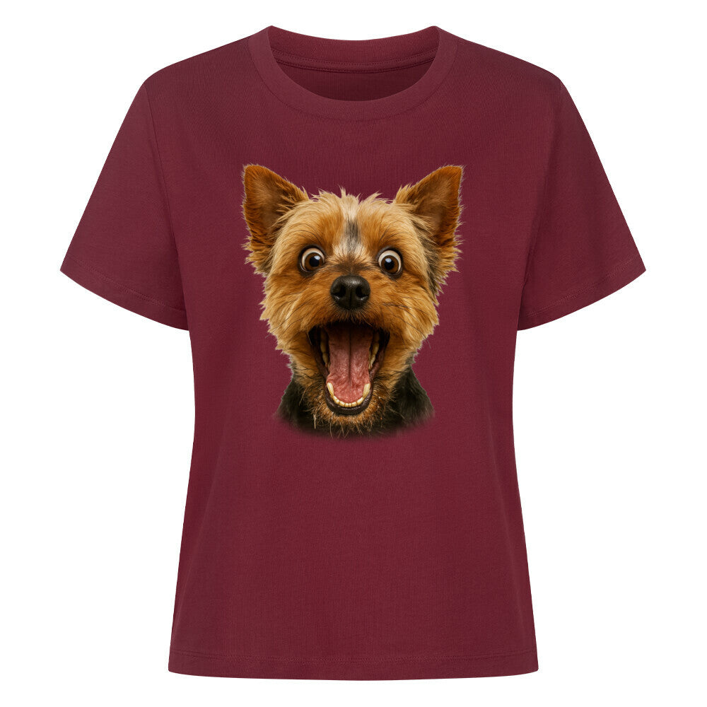 Premium Damen-Shirt "Yorkie - FUN" Burgunder – hunde-shirt.de