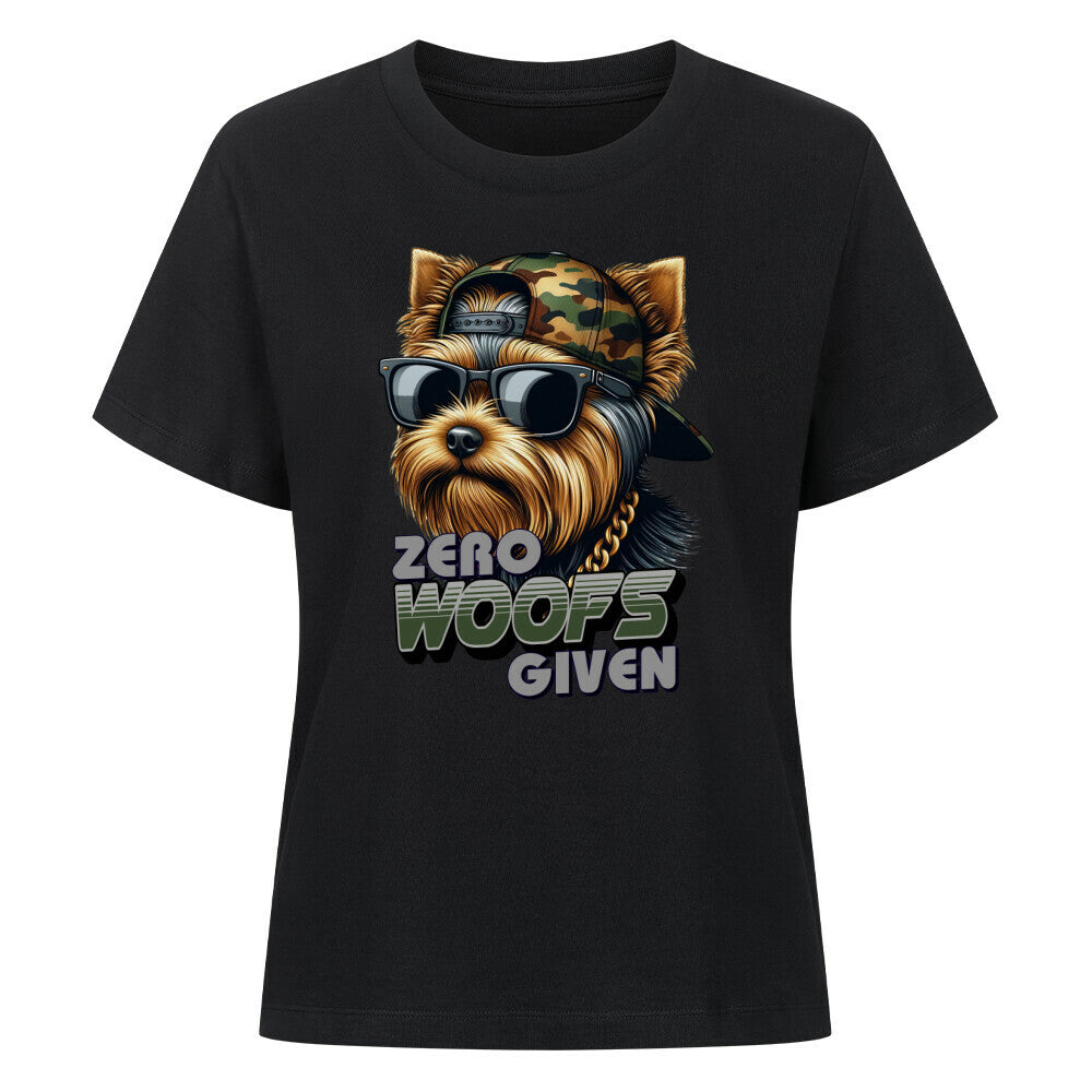 Premium Damen-Shirt "Yorkie - ZERO WOOFS" Schwarz – hunde-shirt.de