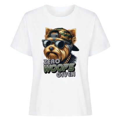 Premium Damen-Shirt "Yorkie - ZERO WOOFS" Weiß – hunde-shirt.de