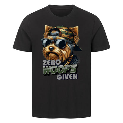 Premium T-Shirt "Yorkie - ZERO WOOFS" Schwarz – hunde-shirt.de