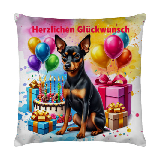 Kissen "Zwergpinscher - Herzlichen Glückwunsch" Weiß – hunde-shirt.de