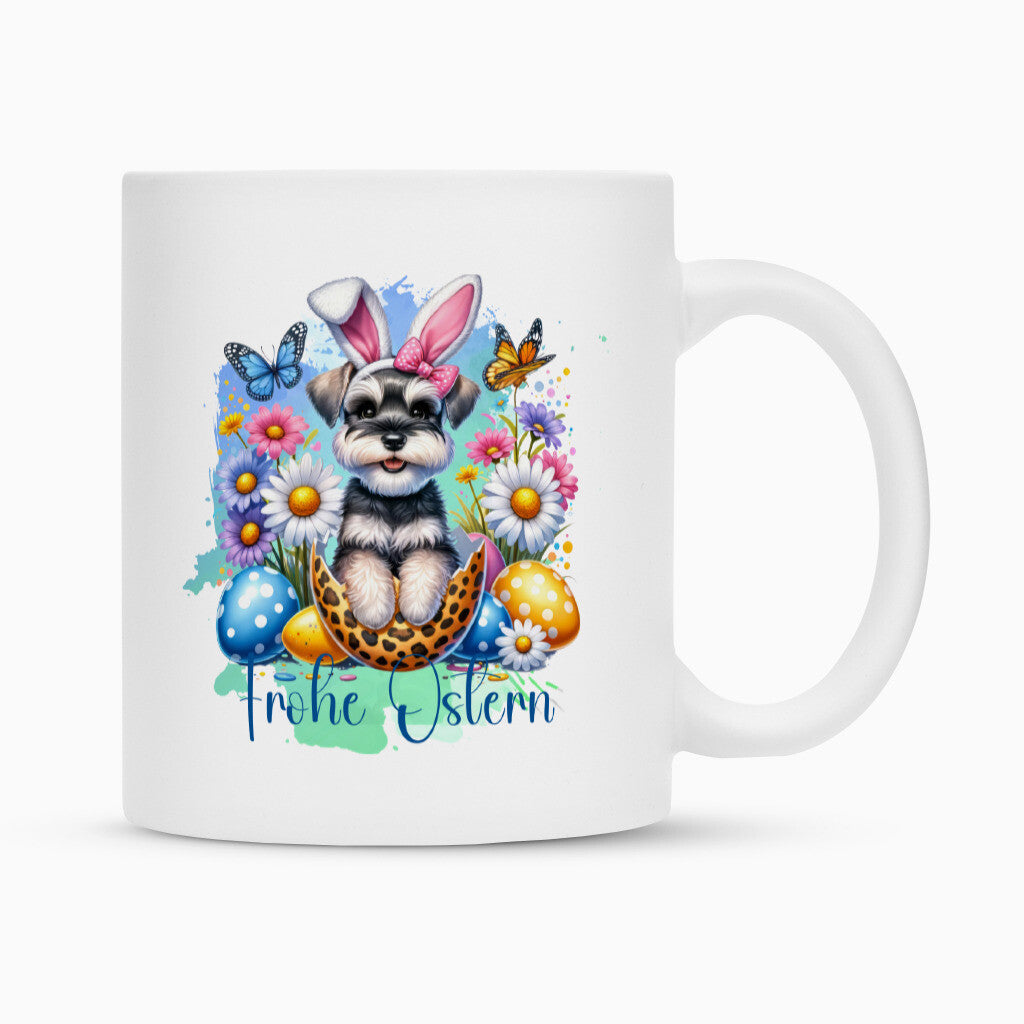 Tasse "Zwergschnauzer - Frohe Ostern" Weiß – hunde-shirt.de