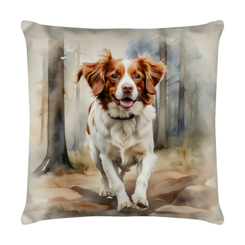 Kissen "Brittany Spaniel - Waldlauf" Weiß – hunde-shirt.de