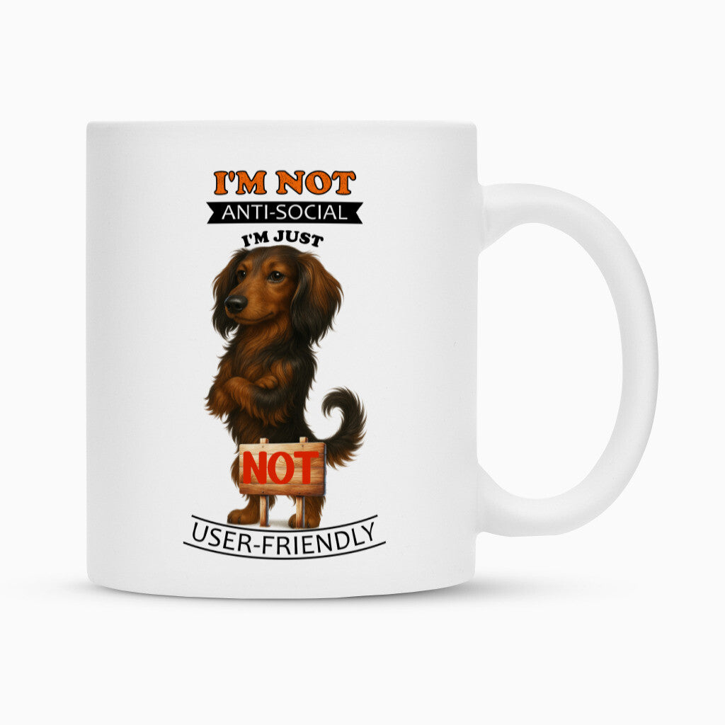 Tasse "Dackel ( Langhaar ) - Anti-Social" Weiß – hunde-shirt.de